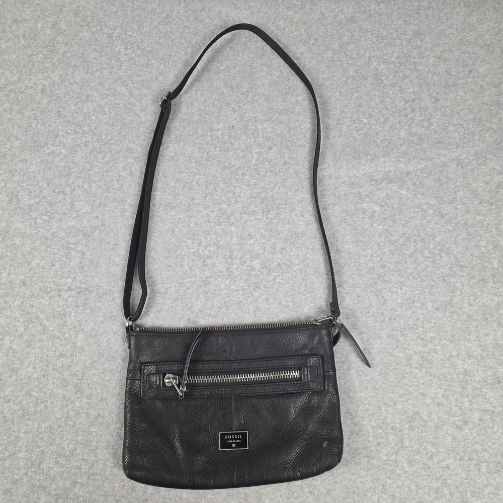 Fossil Crossbody Bag Womens Small Black Leather Zip Pocket‎ Adjustable Purse